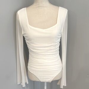 White Fitted Ruched Long Sleeve Bodysuit